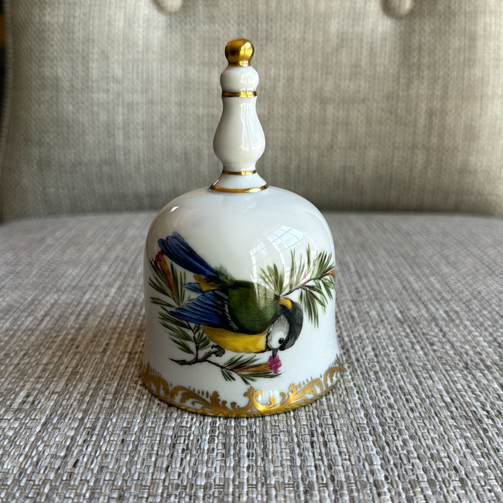 Vintage Dresden Table Bell with colorful bird, 1902 SP marking, Rare, Porcelain